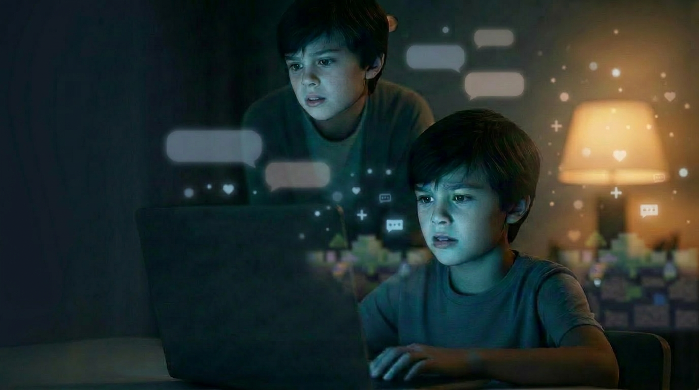 A parent leans in beside their child at a laptop in a softly lit room.